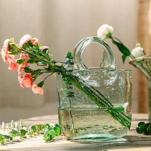 左岸麦田ins风网红水滴玻璃，手提包花瓶摆件客厅，插花透明包包花瓶
