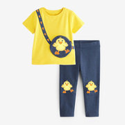 女童小鸭短袖t恤黄色，上衣打底裤子2件套，儿童纯棉夏装宝宝半袖套装