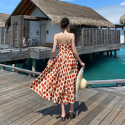 旅行路上三亚泰国海边度假沙滩长裙法式复古波点吊带连衣裙超仙女