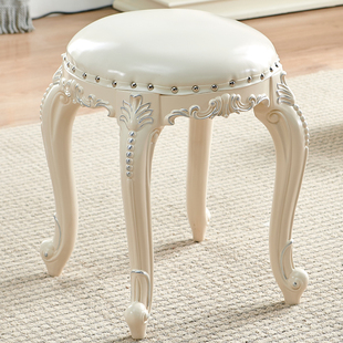 实木梳妆凳欧式圆凳子，卧室家用美式椅子，公主梳妆台凳子软包化妆凳