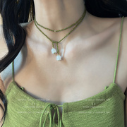 森系超仙水晶铃兰项链女复古绿色串珠小众设计锁骨链温柔颈链吊坠