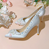 白色法式新娘婚鞋尖头缎面细高跟鞋蕾丝水晶珍珠亮片优雅女单鞋