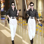 欧货时尚气质高级感两件套女冬季韩版条纹衬衫高腰休闲裤套装
