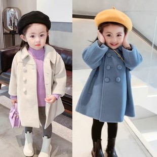 儿童中长款百搭呢子加棉大衣，2024冬季女童宝宝，韩版加厚双排扣外套