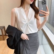 法式无袖雪纺衬衫女2024夏季韩版设计感v领气质打结衬衣ins潮