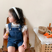 2024夏韩版女婴童宝宝条纹蕾丝飞袖短袖T恤背带短裤两件套装