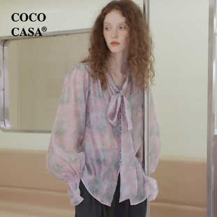 cococasa法式油画质感飘带紫色灯笼袖衬衫女2023秋季新零真丝上衣