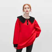 dfvc设计感撞色娃娃领中长款卫衣女春季2023红色长袖套头上衣