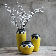 欧美式时尚黄色手工三件套陶瓷花瓶摆件样板房工艺品软装花盆陶罐