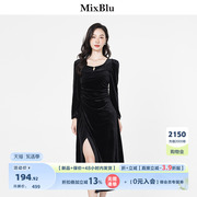 Mixblu黑色长袖连衣裙女秋季2023夏季高级感别致气质开叉收腰裙子