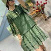 大码女装水溶蕾丝，连衣裙墨绿色2024时尚，拼接羊皮吊带两件套裙