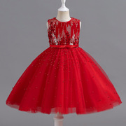 女童礼服短款公主裙网纱，蓬蓬晚宴演出服纯色，红色b类连衣裙l120