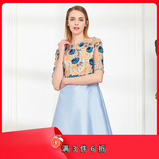 斯尔丽夏季丝质时尚蓝玫瑰拼接短袖连衣裙