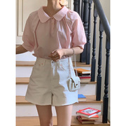商场cosplay女装娃娃领短袖粉色衬衫纯色衬衣春夏上衣春款2024新