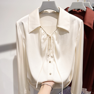 2024韩国气质显瘦翻领系带，纯色单排扣长袖雪纺衬衫女春季
