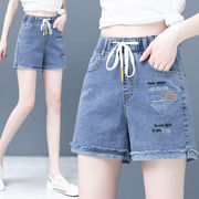 松紧腰牛仔短裤女夏季薄款2023抽绳刺绣，高腰休闲浅色水洗毛边