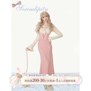 少女椰子 草莓牛乳 深冬装搭配一整套粉色连衣裙高腰新年战袍长裙