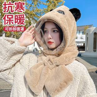 秋冬季毛绒帽子亲子款儿童熊猫，面罩护耳围巾，户外骑车防风帽防寒帽