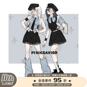 pinksavior珀蓝星系条纹绑带衬衫夏蓝黑双排扣背心半裙套装