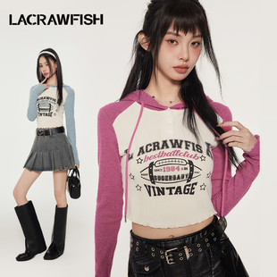 lacrawfish美式辣妹复古印花撞色插肩袖显瘦连帽针织衫上衣女