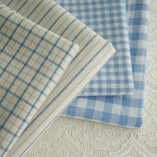 popohouse复古蓝麻色格子条纹，色织棉布料，日式zakka桌布连衣裙包袋