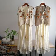 925美式复古刺绣花朵镂空针织，马甲甜美蕾丝吊带连衣裙两件套春夏