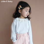 软糯坑条蕾丝领~韩国女童2024春装娃娃领纯棉t恤长袖打底衫