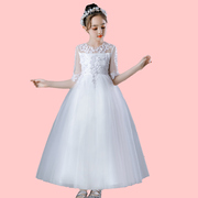 夏季女童礼服裙公主女童连衣裙白色花童婚纱裙蕾丝蓬蓬裙表演裙