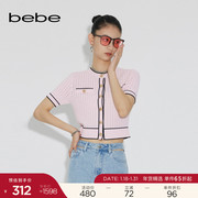 bebe2023春夏系列女士短款圆领撞色修身短袖针织开衫上衣130502
