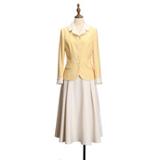 伊琪秋鹅黄色千鸟格羊毛，外套白色斜纹，面料半裙套装可定制