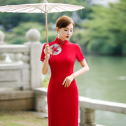 红色2024夏新式时尚中国风演出走秀礼服刺绣旗袍女改良长款加大码