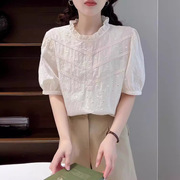 纯色刺绣短袖衬衫2024日系森女系，简约花边领纯色百搭宽松套头衬衫