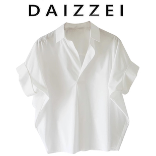 daizzei~2023夏季时尚质，白色宽松蝙蝠袖，polo领套头衬衫女上衣
