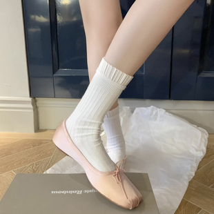 春季薄款花边白色短袜子女芭蕾风，小腿袜黑色中筒袜，少女纯欲堆堆袜