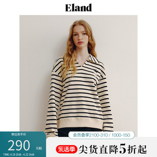 eland衣恋卫衣春季学院，风条纹v领套头，休闲卫衣外套女