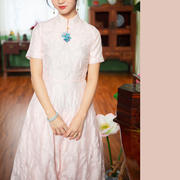 jcl889丨白浅丨提花欧根纱，中式复古短袖，立领粉色仙女裙礼服裙春夏