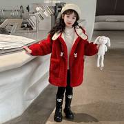 女童外套冬装2023洋气儿童，加绒加厚毛毛衣女，大童中长款红大衣