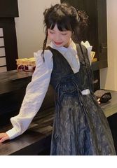 森系复古韩版吊带连衣裙女甜酷背带小黑裙子+娃娃领衬衫套装