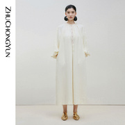 新中式zhuchongyun24春白色，花苞中袖宽松圆领长款连衣裙