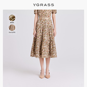 VGRASS新中式纯棉印花短袖气质连衣裙夏季伞形裙摆VSB2O21220