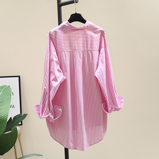 粉色中长款条纹衬衫女2023年秋装，韩国东大门宽松休闲衬衣上衣