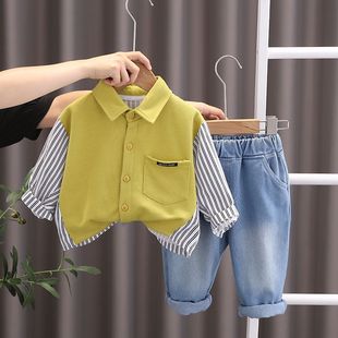 童装男童春装套装2024春秋1-4岁洋气衬衫两件套宝宝韩版衣服
