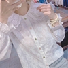 时尚欧货纽扣白娃娃(白娃娃，)领上衣喇叭袖，彩色春秋洋气小衫蕾丝女衬衫