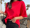 春夏女纯棉运动半袖t恤 大红色圆领蝙蝠袖均码宽松套头半袖