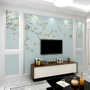 电视背景墙壁画客厅现代无缝墙布美式墙纸鸟花欧式壁纸卧室新中式