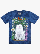 泰国进口蓝底白猫男女情侣款扎染印花纯棉圆领短袖T恤