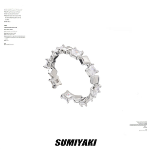 sumiyaki925纯银戒指锆石方块叠戴对戒情侣小众设计高级感开口戒