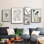 北欧现代简约莫兰迪，清新抽象线条美女爱心五联，组合客厅沙发装饰画