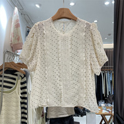 MANSHU66011夏季圆领刺绣波点气质镂空蕾丝花边甜美衬衫