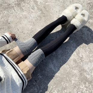 拼色过膝袜子女秋冬加厚保暖拼接堆堆袜灰色长筒jk白色高筒大腿袜